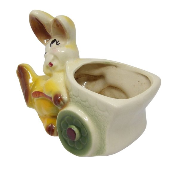 Vintage Kitschy Yellow Bunny Rabbit Pushing Cart Planter 5" H x 6 3/4" L x 3" D - Picture 2 of 10